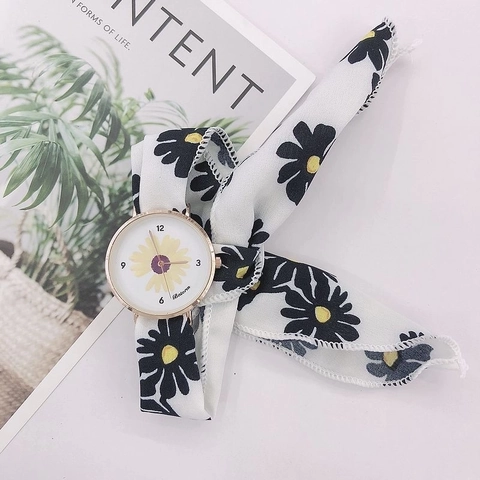 Daisy Flower Print Women's Quartz Watch With Ribbon Fabric Strap Alloy Case Casual Fashionable Wristwatch For Ladies