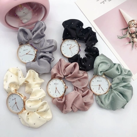 Orologio Scrunchie Da Donna Alla Moda Cassa Lega Quadrante Rotondo Quarzo Elastico Cinturino Raso Tessuto Con Strass Elegante