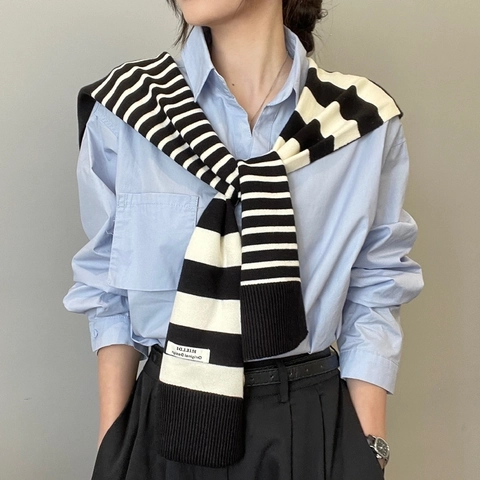 Women's Knitted Striped Shawl Scarf Fall Winter Versatile Warm Shoulder Neck Protector Ins Style Fashion Accessories