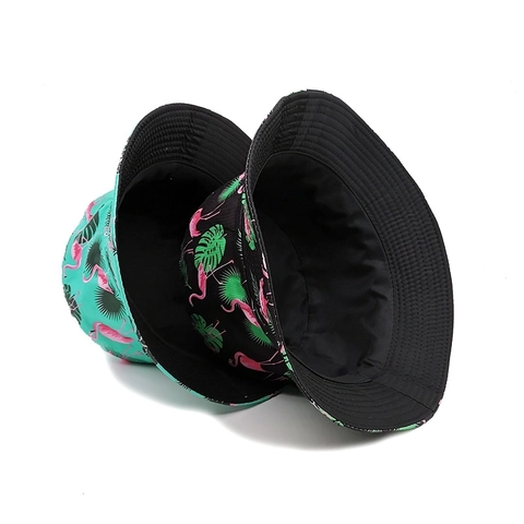 Polyester Flamingo Tropical Plant Print Double Sided Bucket Hat Unisex Fashion Sun Protection Outdoor Travel Beach Hat