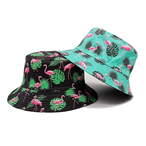 Polyester Flamingo Tropical Plant Print Double Sided Bucket Hat Unisex Fashion Sun Protection Outdoor Travel Beach Hat