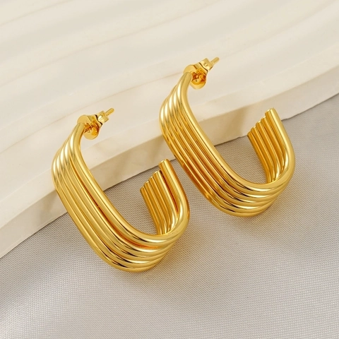 Triple Layer C-Shape Stud Earrings 18K Gold Plated Stainless Steel Chic Geometric Textured Jewelry For Women