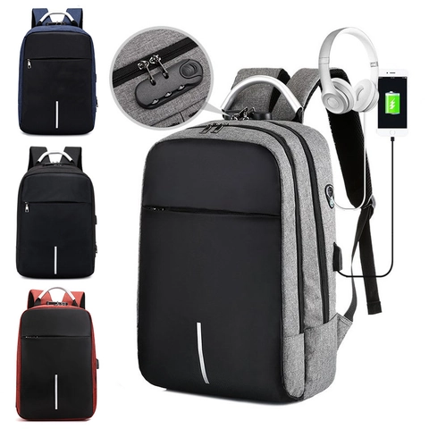 Mochila Para Portátil Negocios Antirrobo Tela Oxford Con Puerto Carga USB Tira Reflectante Para Viajes Hombre
