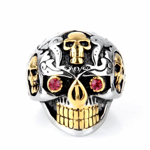 Men Skull Ring 316 Stainless Steel Gold Silver Two Tone Red Eyes Biker Gothic Retro Punk Heavy Metal Jewelry