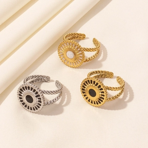 304 Edelstahl Offener Ring Retro Sonnenstrahl Design Emaille Verstellbar Gedrehtes Band Bohemian Schmuck Für Damen