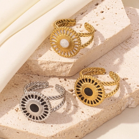 304 Edelstahl Offener Ring Retro Sonnenstrahl Design Emaille Verstellbar Gedrehtes Band Bohemian Schmuck Für Damen