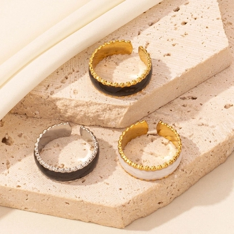 304 Stainless Steel Enamel Open Ring For Women Adjustable Beaded Edge Geometric Band Ring Simple Fashion Jewelry Accessory