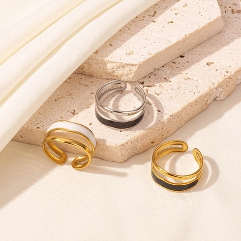 Vintage Stainless Steel Double Layer Open Ring For Women Minimalist Black White Enamel Adjustable Finger Ring Jewelry