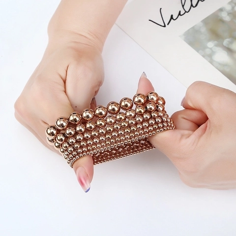 Minimalist Stainless Steel Rose Gold Plated Round Bead Elastic Bracelet For Women Fashion Stackable Polished Jewelry Gift Accessory