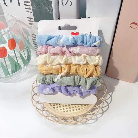 Korean Style Floral Print Fabric Scrunchies Sweet Macaron Color Elastic Hair Ties For Women Girls Daily Hair Accessories