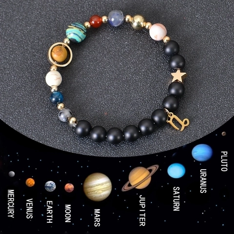 Natural Stone Beaded Bracelet Zodiac Constellation Solar System Planets Lava Stone Handmade Jewelry Gift Unisex