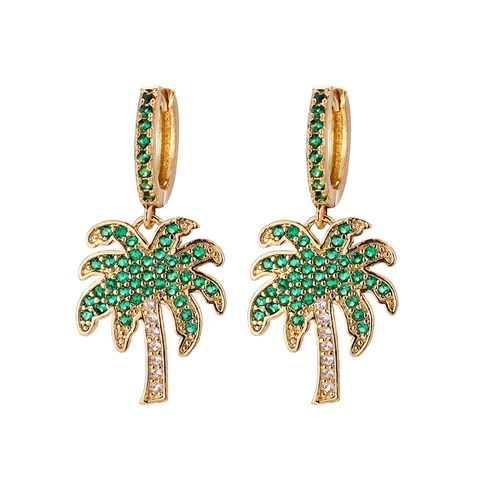Vacation Style Coconut Tree Pendant Drop Earrings Copper With Green White Zirconia Tropical Palm Tree Earrings For Women Jewelry