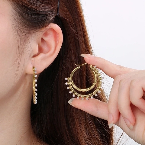 Orecchini A Doppio Cerchio Geometrici In Acciaio Inossidabile Con Künstliche Perle E Strass Stile Bohémien Retrò Per Donna