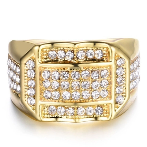 Hiphop Ring For Men Alloy Paved White Zircon Luxury Wide Band Plated Square Face Jewelry