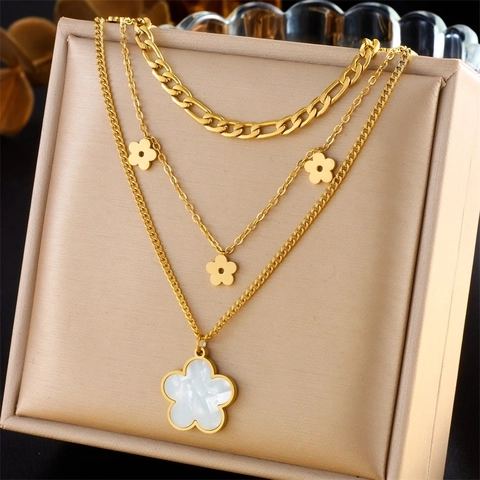 Collar Multicapa Retro Para Mujer Acero Inoxidable Chapado En Oro Colgante Flor Concha Cadena Figaro Moda