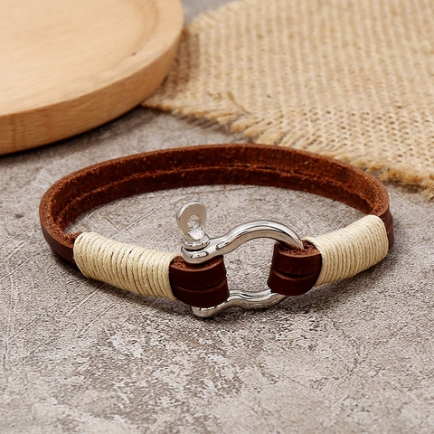 Vintage Hand-Woven Leather Bracelet For Men Minimalist Brown Cowhide Wrap Bracelet With Metal Buckle Retro Jewelry Gift