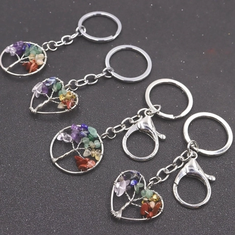 Handmade Tree Of Life Keychain Wire Wrapped Natural Stone Crushed Crystal Silver Key Ring Heart Round Shape Bag Charm Jewelry Gift