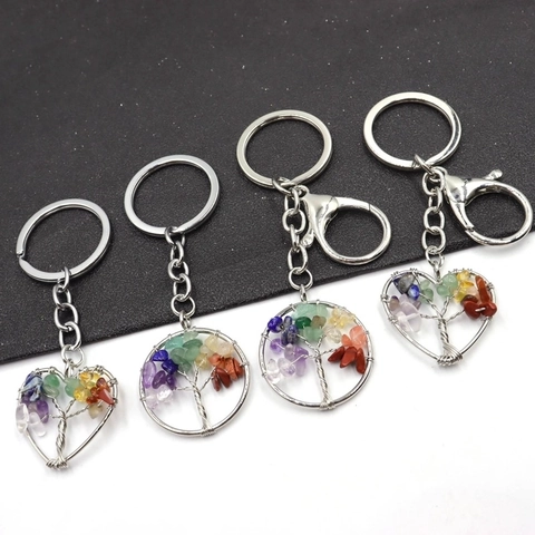 Handmade Tree Of Life Keychain Wire Wrapped Natural Stone Crushed Crystal Silver Key Ring Heart Round Shape Bag Charm Jewelry Gift