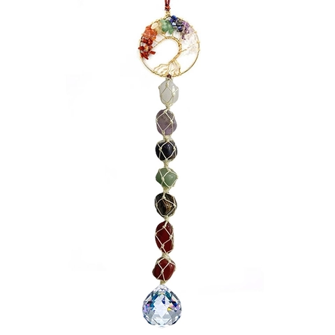 Tree Of Life Hanging Ornament Chakra Natural Stone Crystal Ball Suncatcher For Car Mirror Home Window Decor Handmade