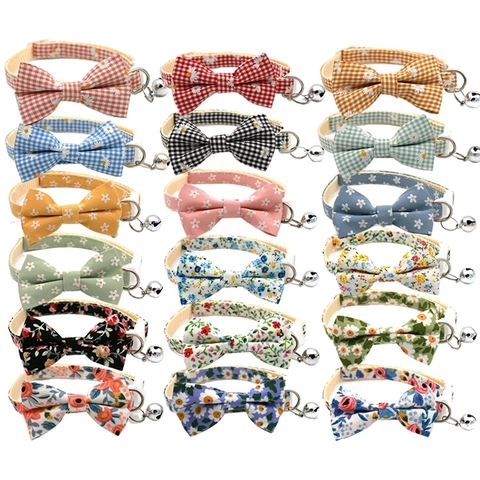 Pet Collar With Bowknot And Bell Floral Gingham Pattern Cotton Polyester Adjustable For Cat Small Dog Neckwear