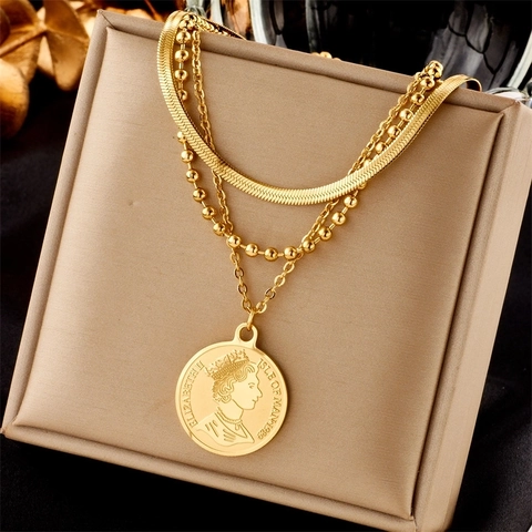 Vintage Verguld Titaniumstaal Gelaagde Halsketting Voor Dames Elizabeth II Munt Hanger Slangenketting Kralenketting Modieuze Sieraden Cadeau
