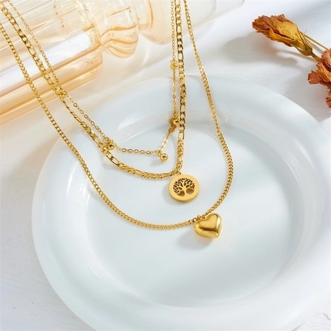 Collar De Varias Capas Acero Inoxidable Árbol De La Vida Colgante Corazón Estrás Retro Simple Elegante Joyería Para Mujer