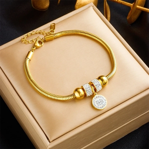 Stainless Steel Snake Bone Chain Bracelet With Rhinestone Round Pendant Gold Plated Adjustable Jewelry For Women