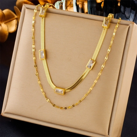 Collana con Pendente Rettangolare in Acciaio Inossidabile a Doppio Strato con Strass da Donna Gioielli a Catena a Serpente Placcati Oro