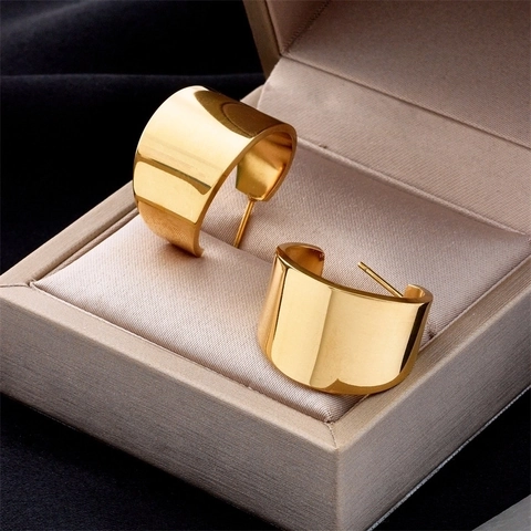 Minimalist Titanium Steel C-Shaped Wide Stud Earrings For Women Mirror Polished Gold Silver Earrings Fashion Jewelry Gift