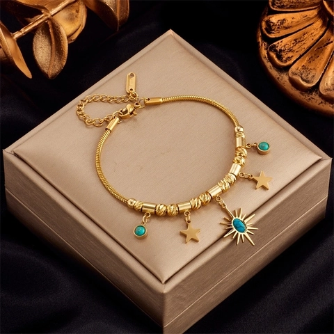 Bracciale Celestiale Acciaio Inossidabile Placcato Oro 18K Ciondoli Sole Stella Turchese Gioielli Vintage Boho Per Donna