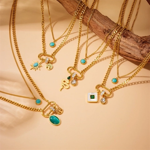 Double Layer Stainless Steel Necklace Turquoise Tree Of Life Snake Pendant Gold Plated Fashion Jewelry For Women