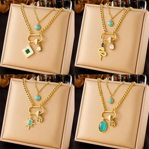 Double Layer Stainless Steel Necklace Turquoise Tree Of Life Snake Pendant Gold Plated Fashion Jewelry For Women