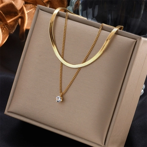 Fashion Double Layer Titanium Steel Necklace Gold Plated Stainless Steel Snake Bone Chain Rhinestone Pendant Choker Jewelry For Women