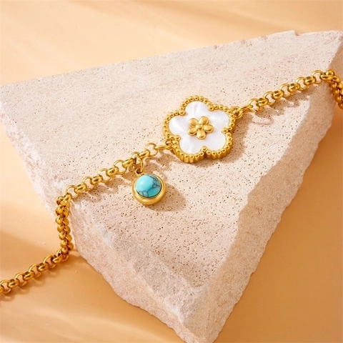 Vintage Gold Plated Stainless Steel Bracelet White Shell Flower Blue Turquoise Bead Pendant Adjustable Chain Elegant Jewelry For Women