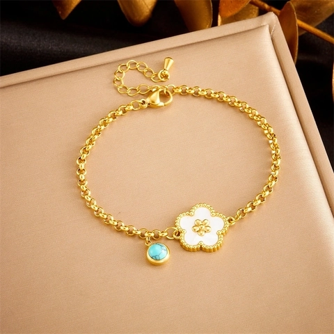 Vintage Gold Plated Stainless Steel Bracelet White Shell Flower Blue Turquoise Bead Pendant Adjustable Chain Elegant Jewelry For Women