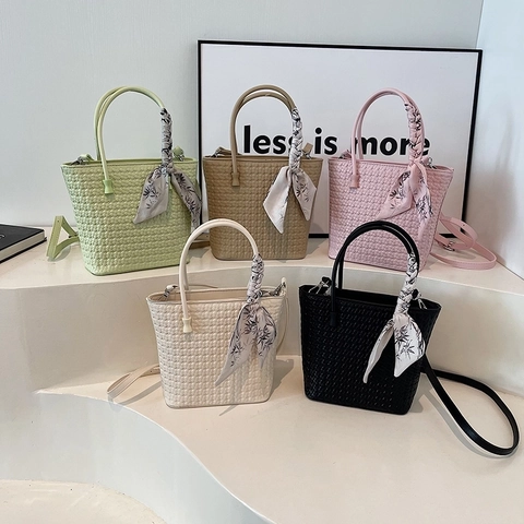 Modische Gewebte PU Leder Beuteltasche Für Damen Handtasche Mit Satinnschal Und Verstellbarem Schultergurt