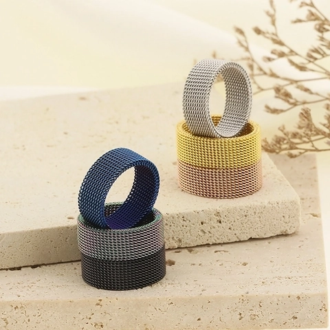 Bague Large En Maille Tissée Acier Inoxydable Style Bracelet De Montre Milanais Bijoux Minimalistes Industriels Unisexes