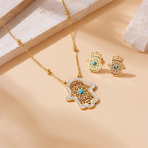 Hamsa Hand Halskette Und Ohrringe Edelstahl Türkis Rhinestone Hohl Design Für Frauen Mode