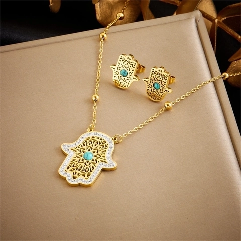 Hamsa Hand Halskette Und Ohrringe Edelstahl Türkis Rhinestone Hohl Design Für Frauen Mode