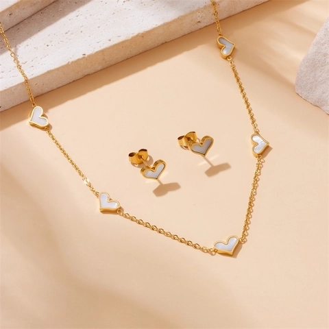 Hartvorm Roestvrij Staal Ketting Armband Oorknopjes Verguld Witte Schelp Inleg Elegante Mode Sieraden Voor Vrouwen