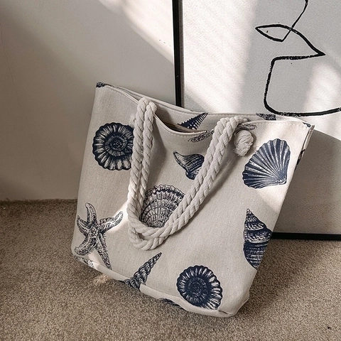 Women Canvas Tote Bag With Thick Rope Handles Large Capacity Printed Shoulder Bag For Beach Casual Vacation
