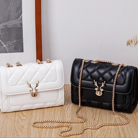 Borsa A Tracolla Trapuntata A Rombi Da Donna In Pelle PU Catena Dorata Borsa A Mano Crossbody Con Chiusura A Testa Di Cervo