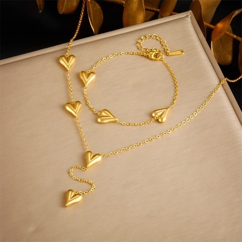 Heart Necklace And Bracelet Jewelry Gold Plated Stainless Steel Vintage Polished For Women Fashion Accessory