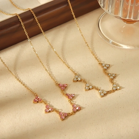 Stainless Steel Pendant Necklace 18K Gold Plated Zirconia Inlaid Geometric Leaf Elegant Jewelry For Women