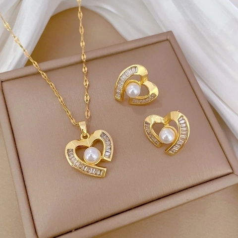 Heart Necklace And Earrings With Artificial Pearl Zircon Titanium Steel Copper Silver Earring Post Elegant Wedding Party Jewelry