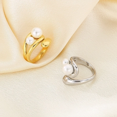 Anillo De Doble Aro Minimalista Francés Acero Inoxidable Con Perla Artificial De Concha Diseño Abierto Ajustable Joyas Elegantes Mujeres