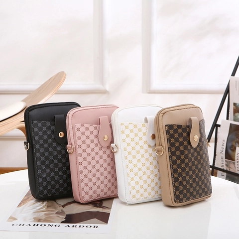 Mini Borsa A Tracolla Per Cellulare Donna Pelle PU Verticale Quadrata Retro Motivo A Pois Fibbia In Metallo Regolabile