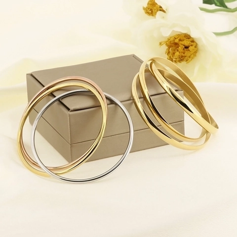 Interlocking Multi Ring Bangle Stainless Steel Minimalist Geometric Polished Fashion Bracelet For Women