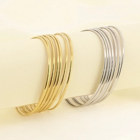 Brazalete de Acero Inoxidable Chapado en Oro 18K Multicapa de Hilo Fino para Mujer Geométrico Redondo Joyas de Moda