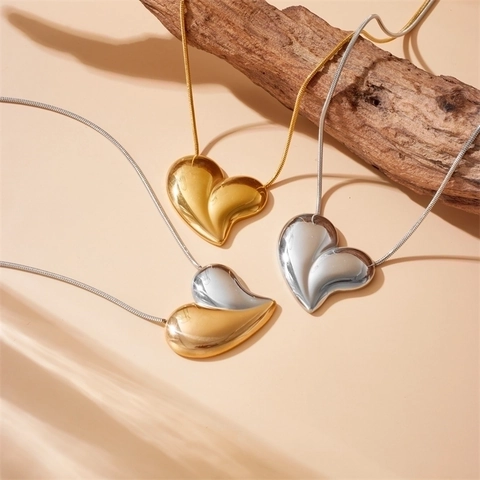 Polished Heart Pendant Necklace Stainless Steel Gold Plated Snake Bone Chain Vintage Minimalist Two Tone Jewelry For Women